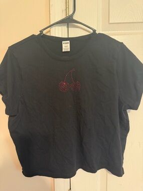 PINK Victoria's Secret Black Tee with Red Rhinestone Cherry Accent